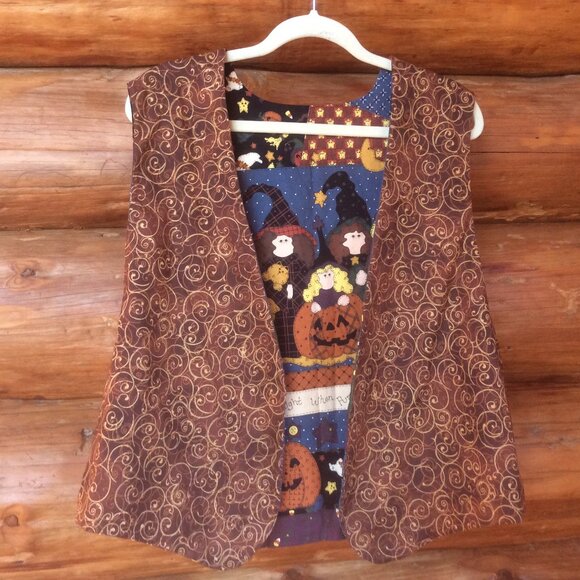 Halloween Reversible Autumn Handmade Pumpkins Ghost Witches Spooky Print Vest OS - Picture 5 of 5